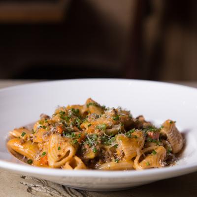 Rigatoni Bolognese pasta.