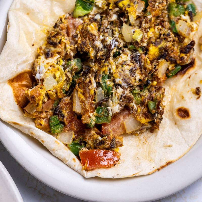 Machacado with Egg, Tomatoes, Onions and Chile Jalapeño