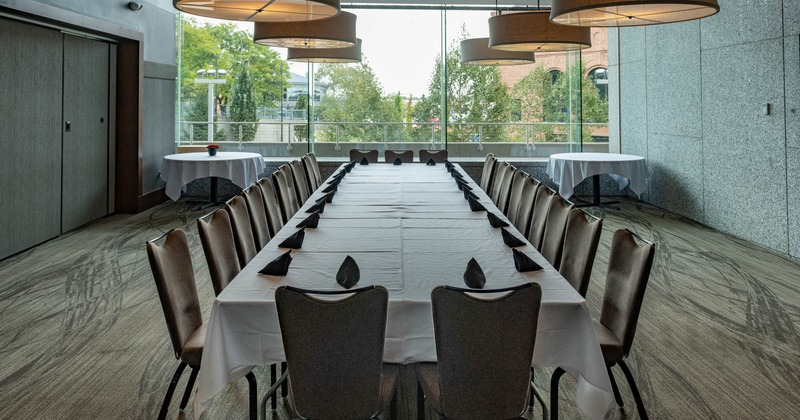 Interior, dining room, long table and chairs