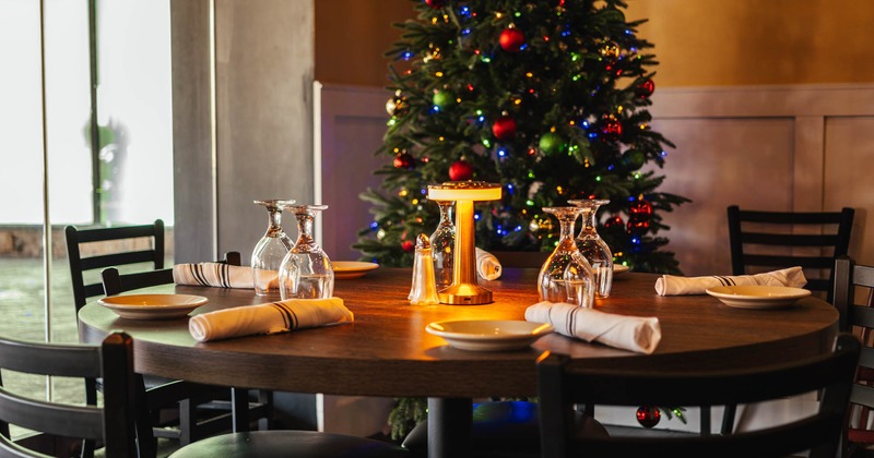 Interior, table served, Christmas tree in the background