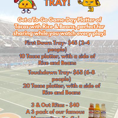 Game-day taco tray promotion with a football field background.