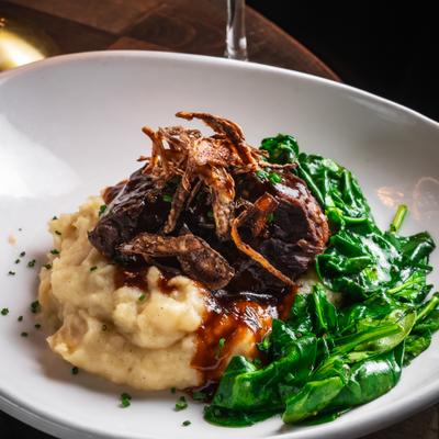 Miso Braised Short Rib with fried shallots, garlic mashed potato and spinach.