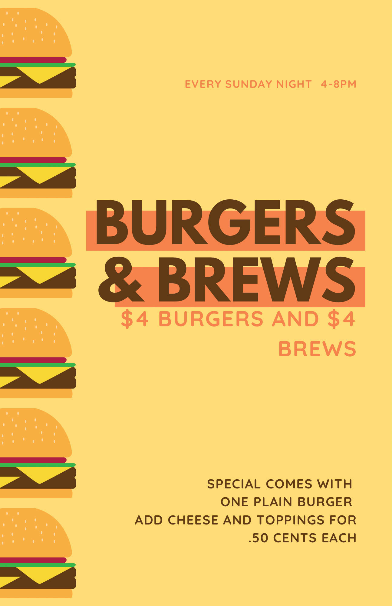 Flyer, Every Sunday night 4 to 8 pm, $4 burgers and $4 brews