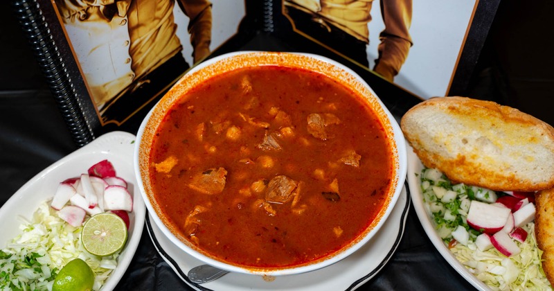 Pozole soup with salads and bread