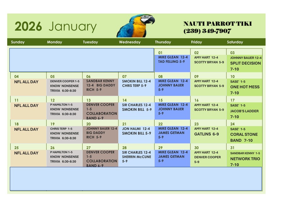 Tiki Hut Events Calendar 