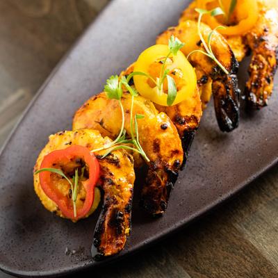 Tandoori Grilled Prawns plate, flat lay