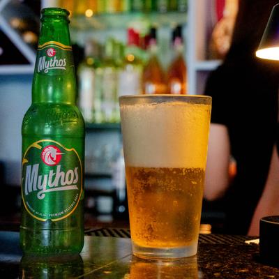Bottle and glass of famous Greek beer