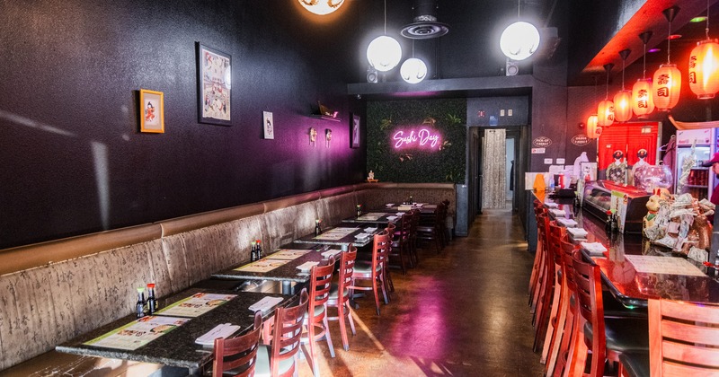 Sushi restaurant interior space, bar and dining area