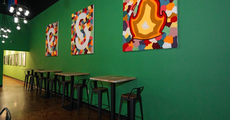 Interior, high tables and chairs