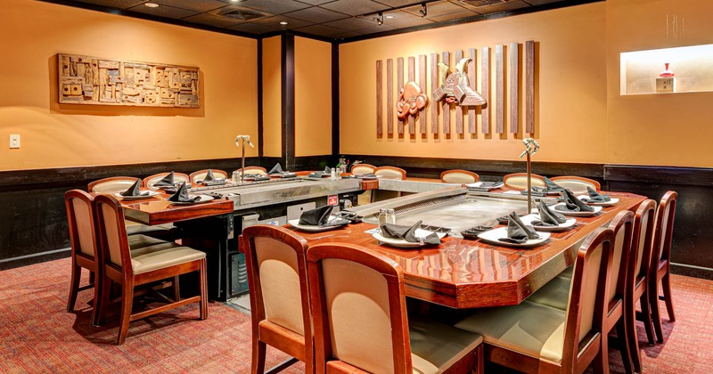 Teppanyaki tables set for guests