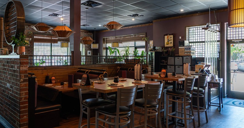 Interior, seating area with leather booth benches