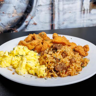 Spicy sausage rice, served.