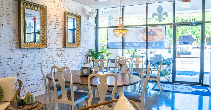 Interior, dining tables and seats