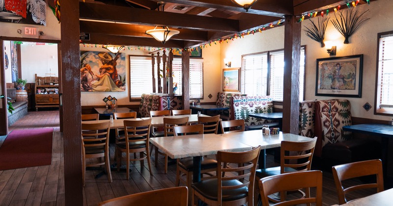 Interior, dining area, Mexico inspired decorations, windows with blinds