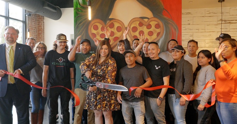 Restaurant interior, cutting off the ceremonial ribbon