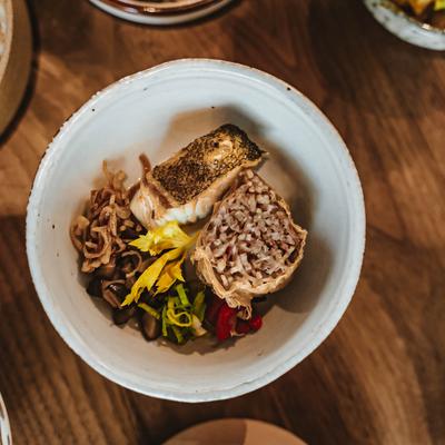 Seafood dish with veggies.