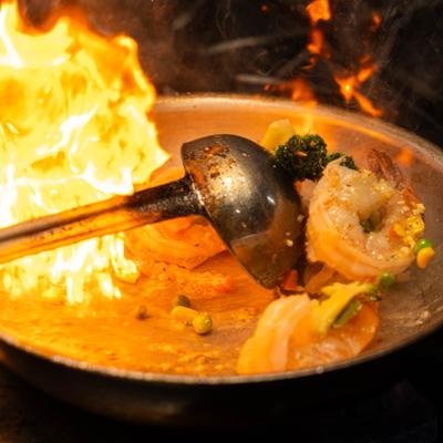 Shrimp frying in a pan.