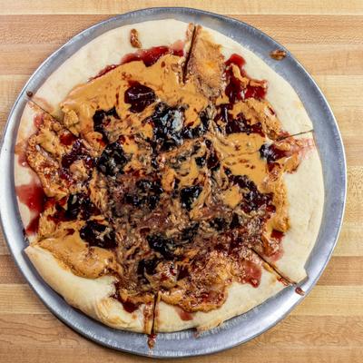 Peanut Butter & Jelly Pizza, top view.