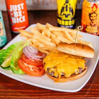 Cheeseburger with fries and salad
