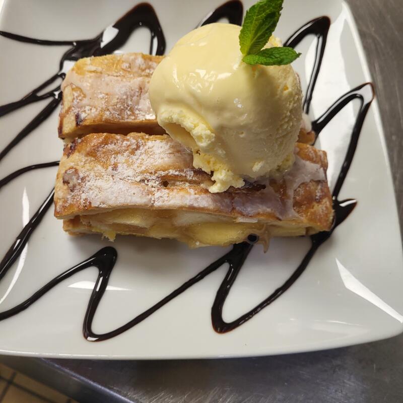 Desert: Warm Applestrudel with Vanilla Icecream photo