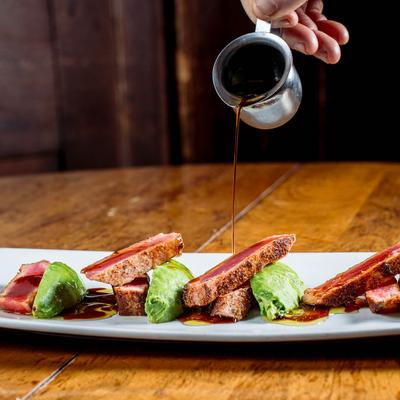 Blackened tuna, side view.