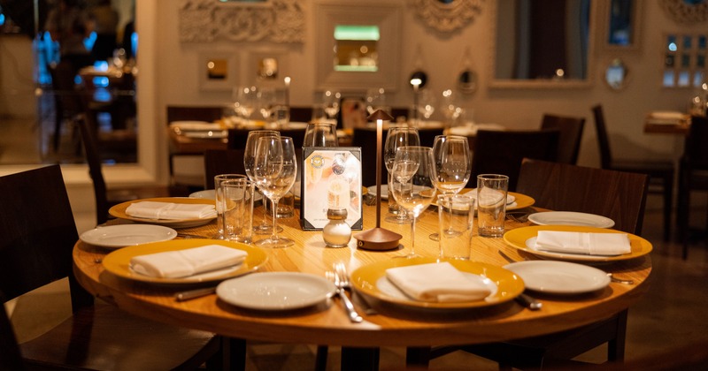 Interior, elegant dining space with round table
