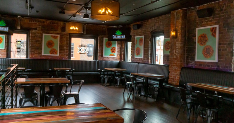 Interior, tables and chairs, wall decoration