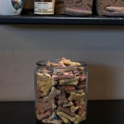 Interior, a jar of dog treats.