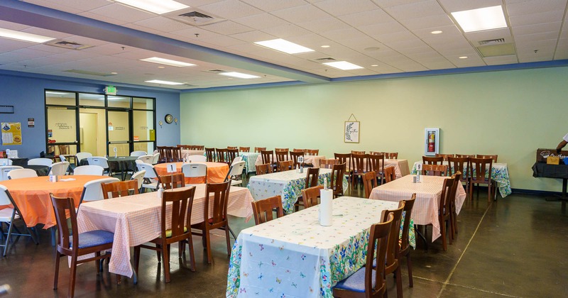 Interior, chairs and tables with lining