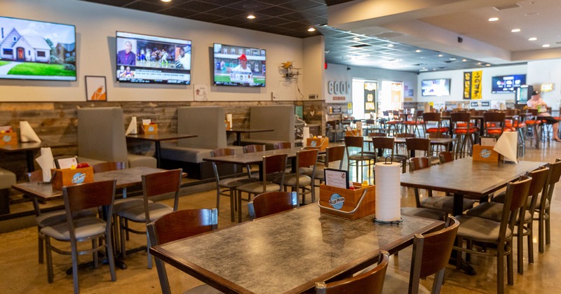 Interior, tables set and ready for guests