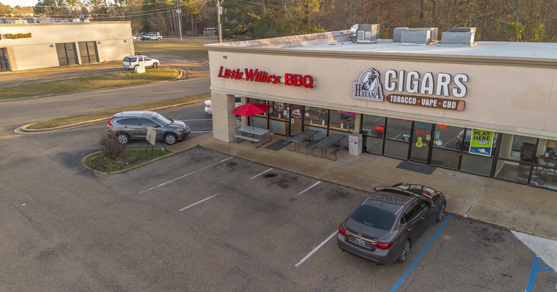 Exterior, aerial view to restaurant and parking lot