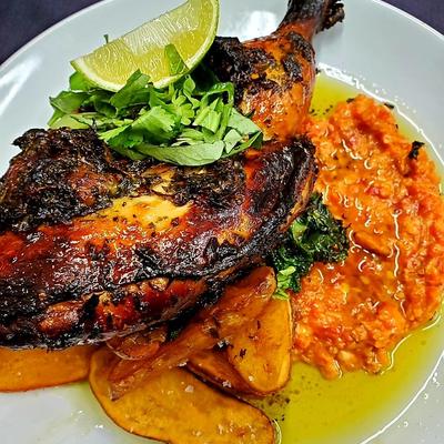 BBQ jerk chicken, mash, and potatoes