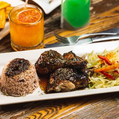 Jerk Chicken Meal, with wild rice and salad