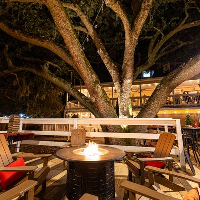 Exterior, outdoor seating area with a fire pit.