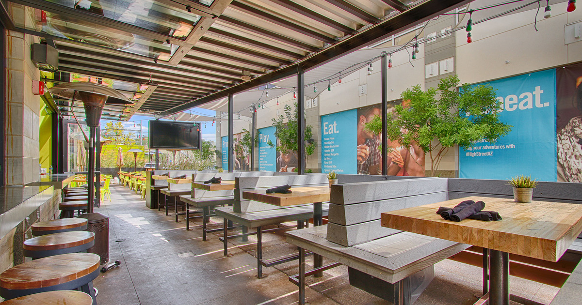 Covered part of the patio with seating and tables