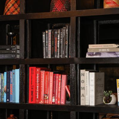 Stylized bookshelf with a curated, color-coordinated collection of books.