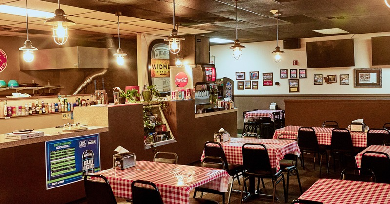 Interior, diner area, diner tables, chairs, food counter
