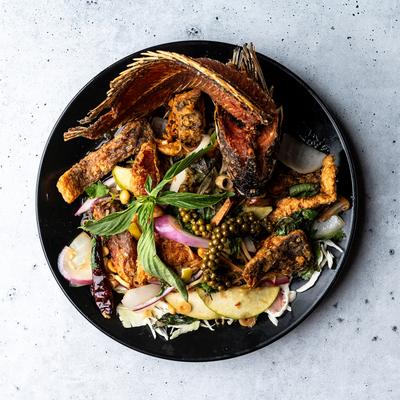 A plate of fried fish with vegetables, apple slices, and basil.