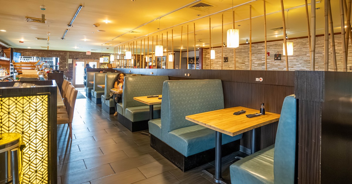 Interior, seating area with booths and tables