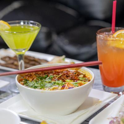 Noodle soup and cocktail drinks.