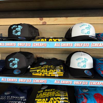 Dave's BBQ t shirts and caps.