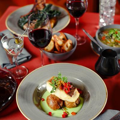 Various food and wine.