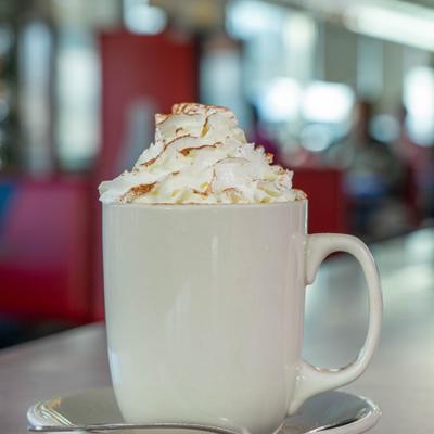 Cup of hot chocolate topped with whipped cream.