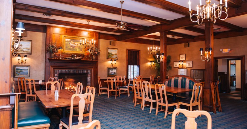 Interior, dining area with fireplace