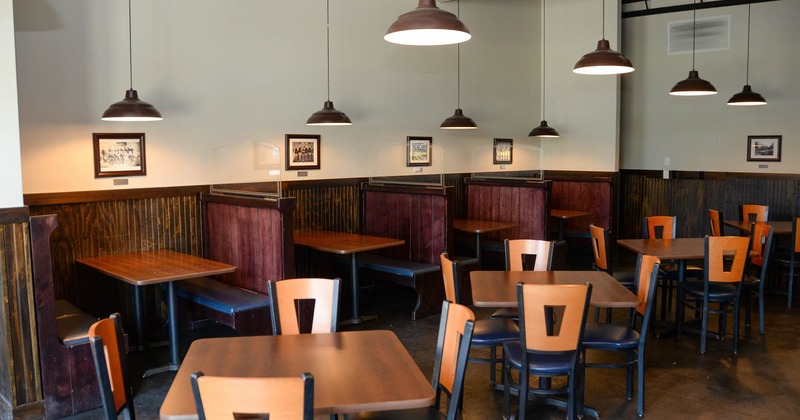 Chairs and tables, restaurant booths by the wall