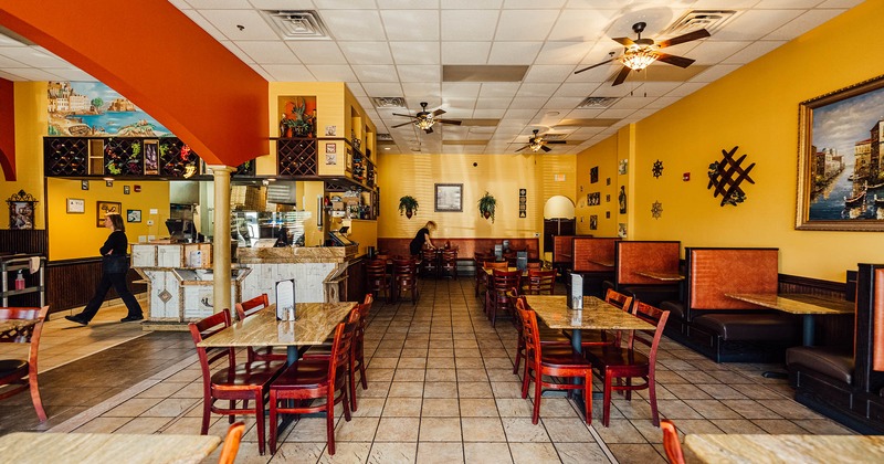 Interior, diner area, tables and chairs