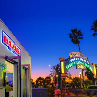 The Lobster's front door is just steps away from the iconic Santa Monica Pier Gateway sign..