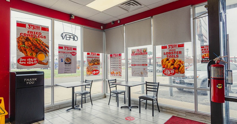 Interior, tables and chairs ready for guests
