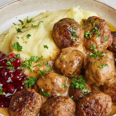 Swedish meat balls with  lingonberry gel. photo