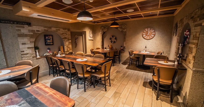 Interior, seating area with tables and chairs